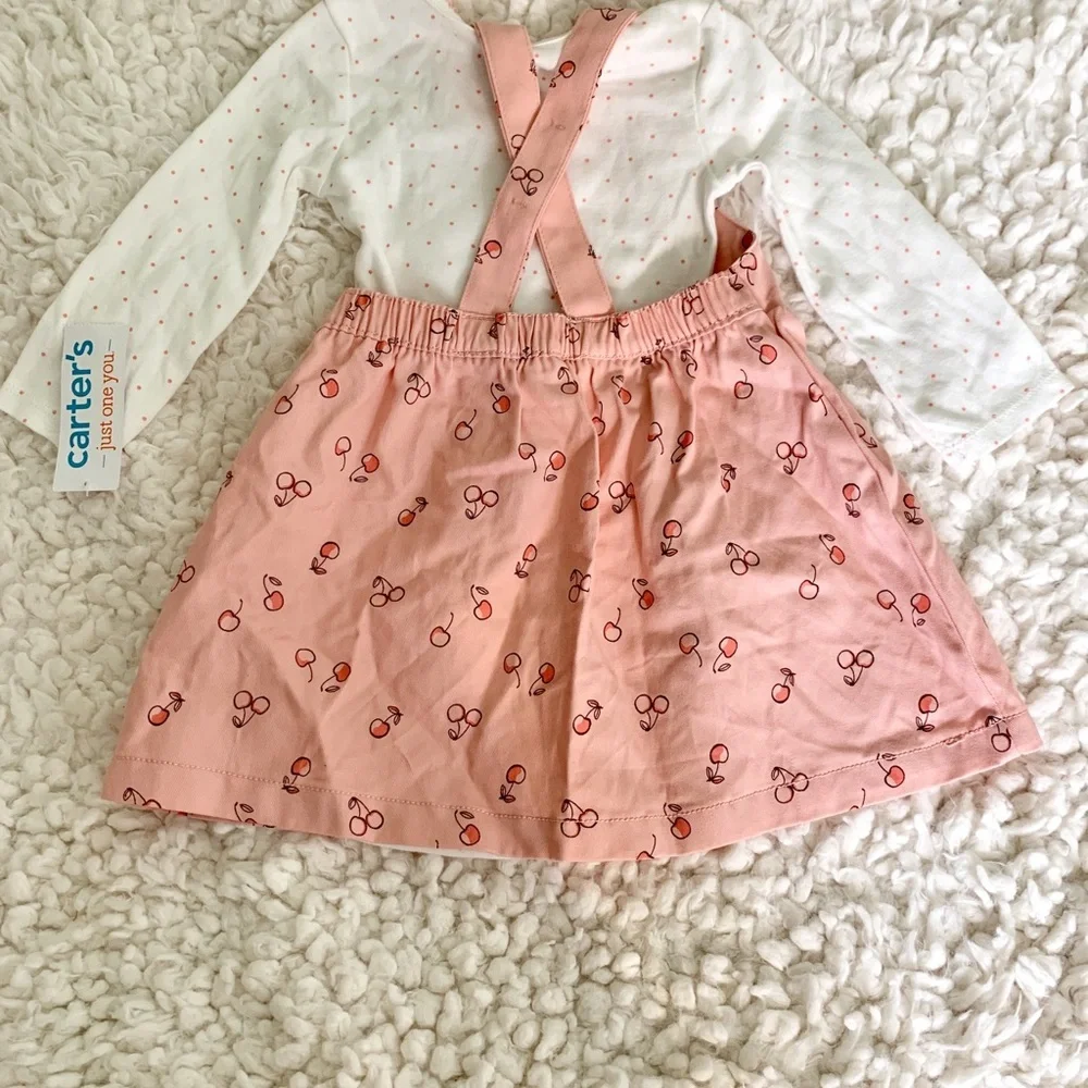 New Carters Pink Cherry 🍒 Polka Dot Patterned Pinafore Dress + Onesie 9 Months